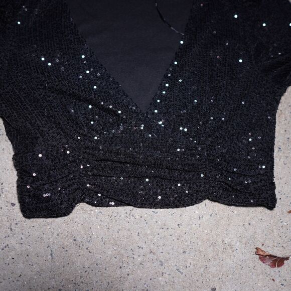 Sincerely Jules Bandier Sequin Top Black Deep V Long Sleeve Sz XL Party - Picture 4 of 13